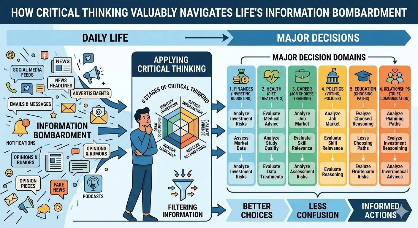 Illustration showing critical thinking applied across domains including health, finance, career, politics, and relationships