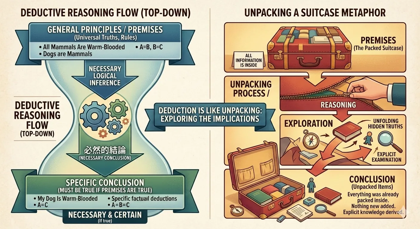 Flowchart showing deductive reasoning moving from general premises to specific guaranteed conclusions