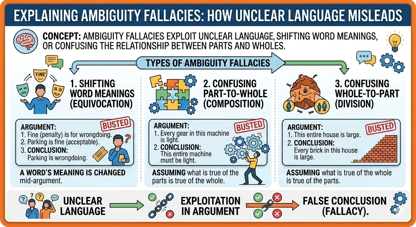 Diagram showing how the equivocation fallacy exploits words with multiple meanings to create misleading arguments