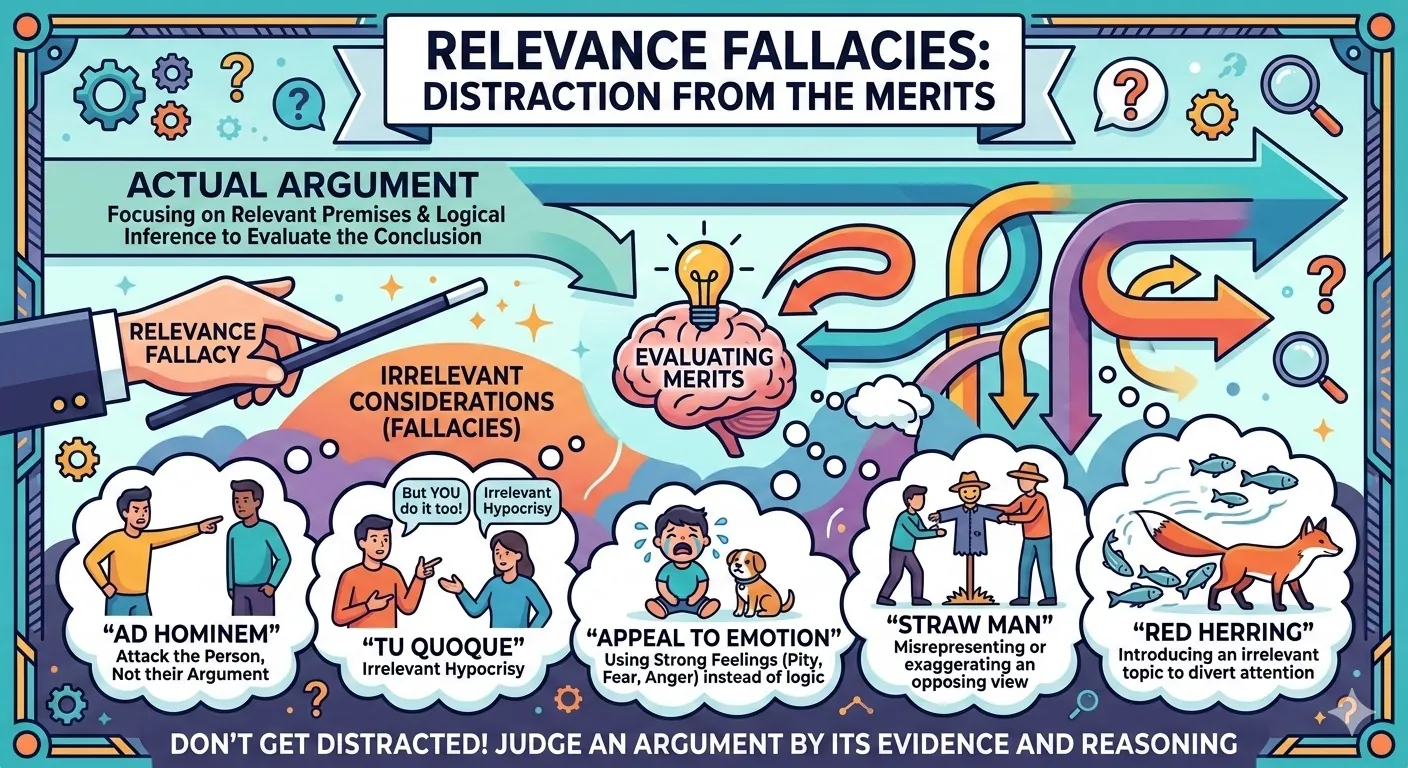 Illustration showing how fallacies of relevance like ad hominem, straw man, and red herring divert from the actual argument