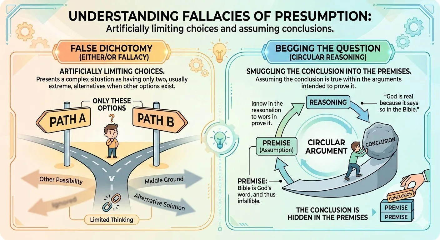 Illustration contrasting a false dichotomy with two options against a spectrum showing multiple possible positions