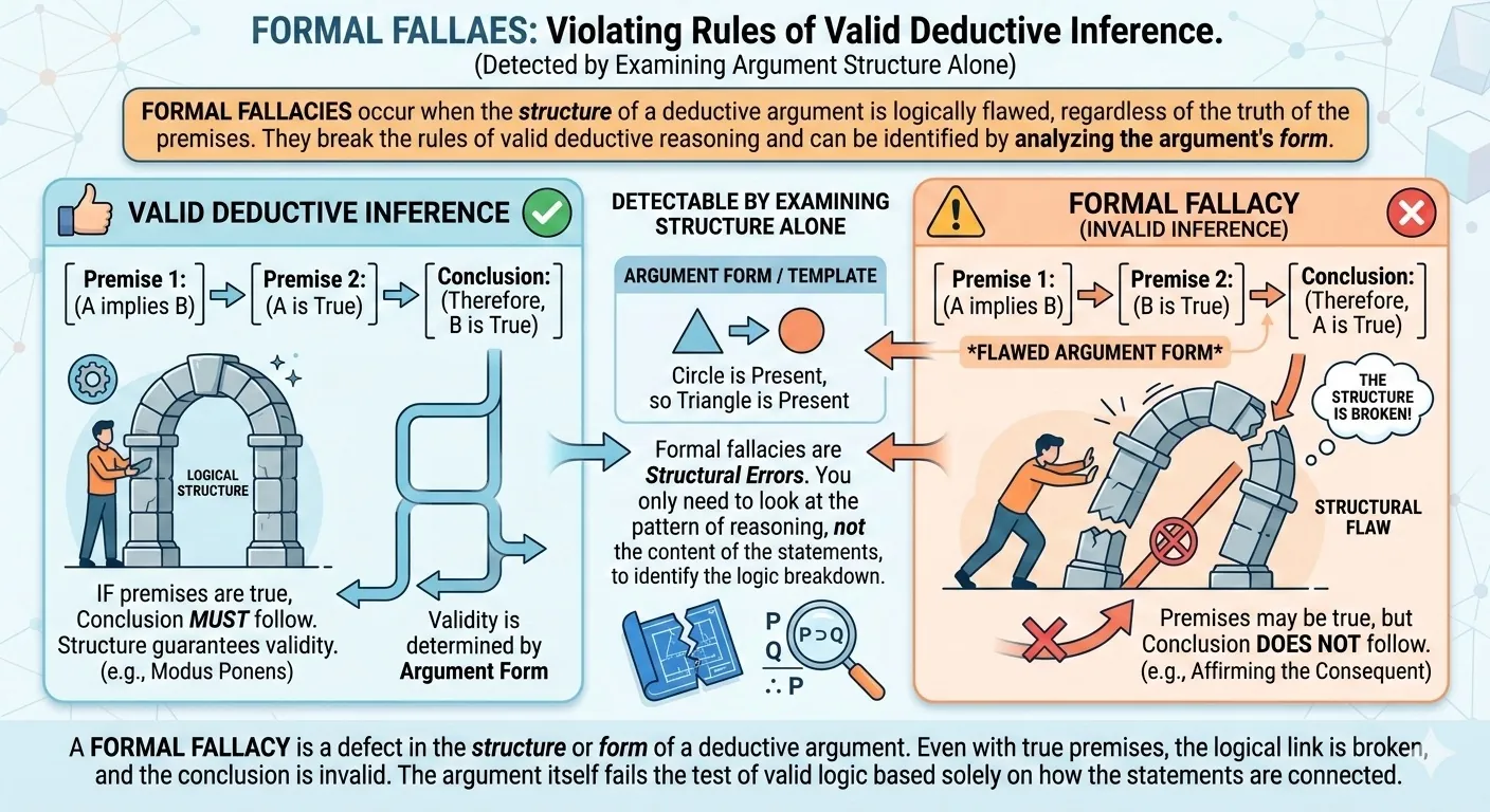 Diagram showing common formal fallacies including affirming the consequent, denying the antecedent, and undistributed middle