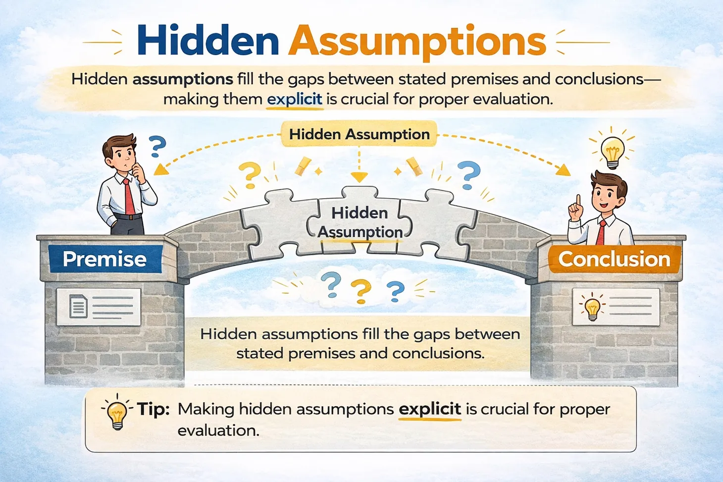 Diagram showing a gap between stated premises and conclusion that hidden assumptions must bridge