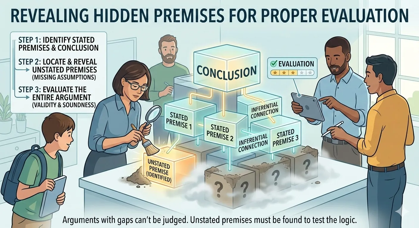 Iceberg diagram showing stated premises above the surface and hidden assumptions below