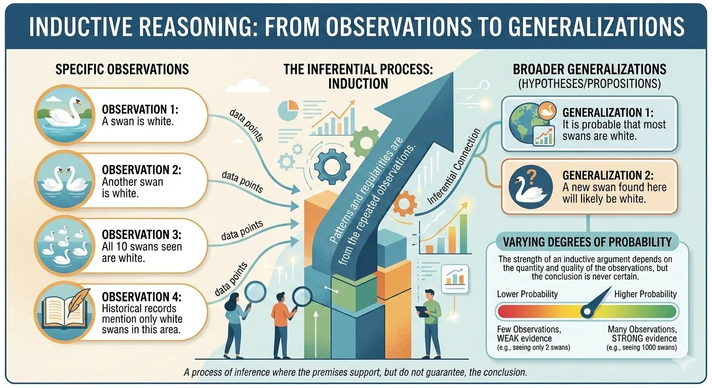 Flowchart showing inductive reasoning moving from specific observations to probable general conclusions