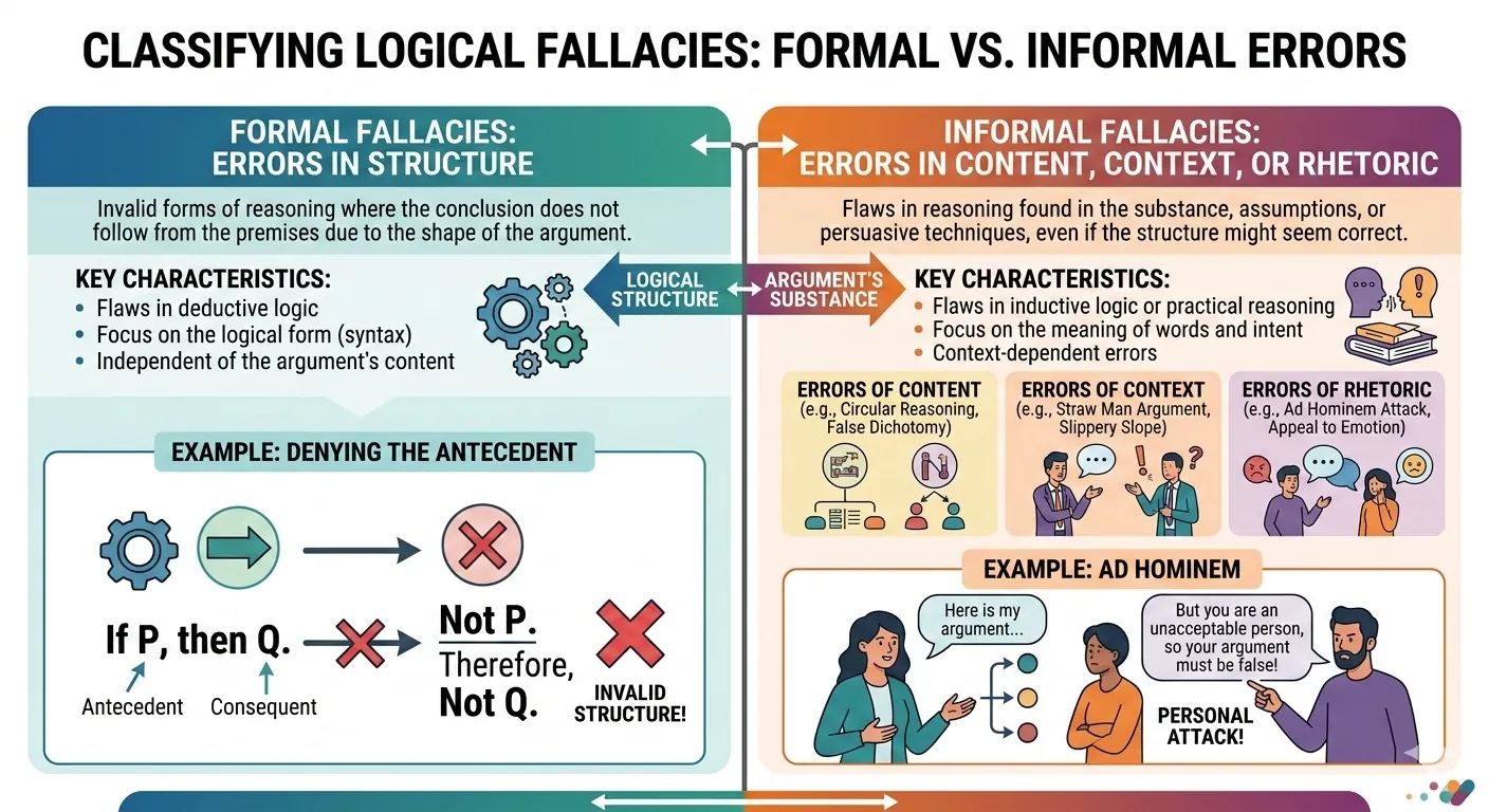 Taxonomy diagram classifying logical fallacies into formal and informal categories