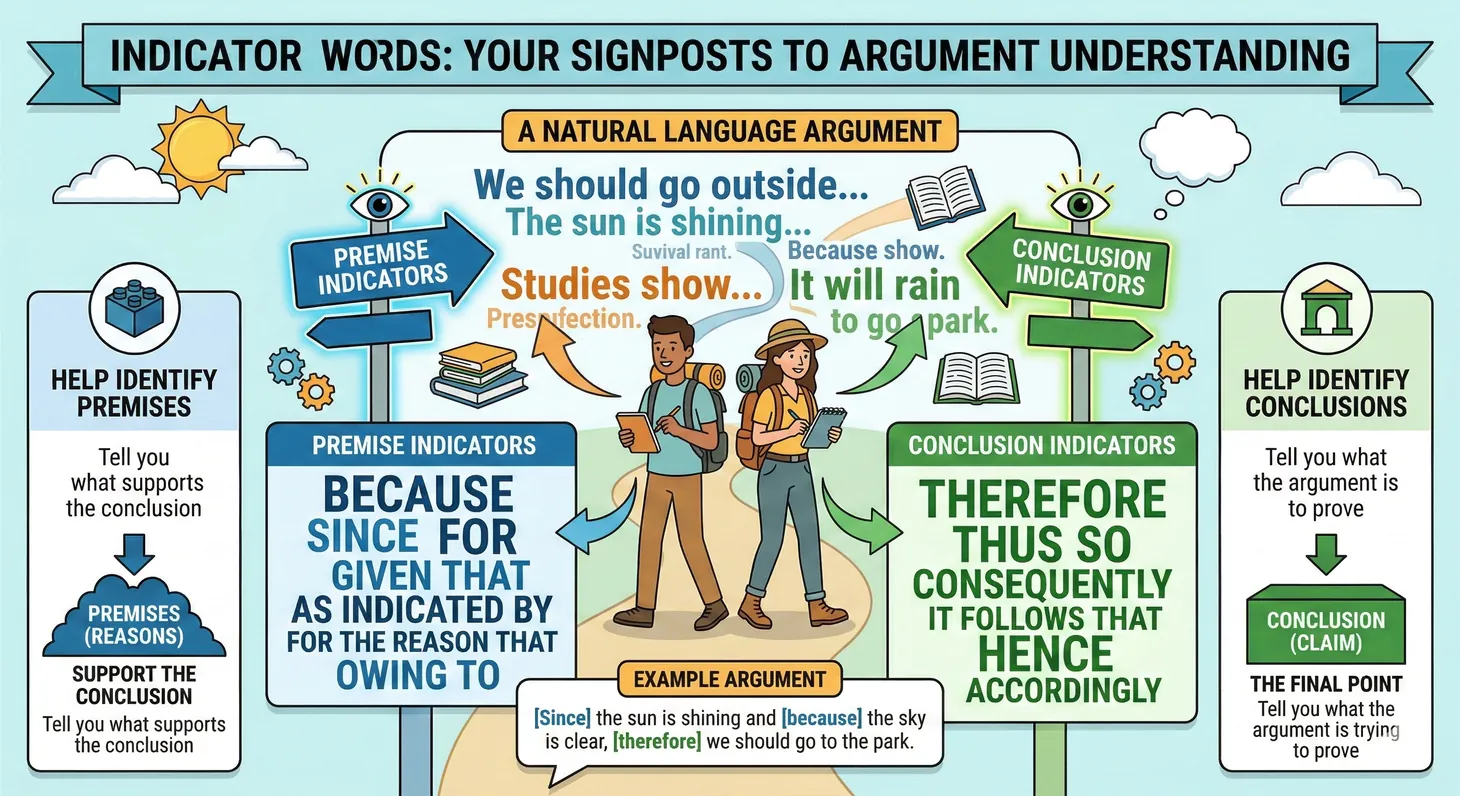 Chart listing common premise indicator words like because and since alongside conclusion indicators like therefore and thus