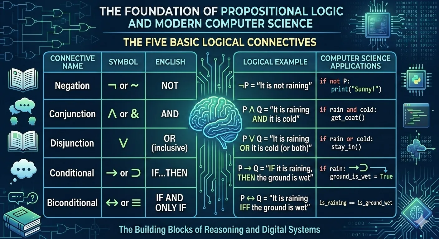 Chart showing the five logical connectives: negation, conjunction, disjunction, conditional, and biconditional
