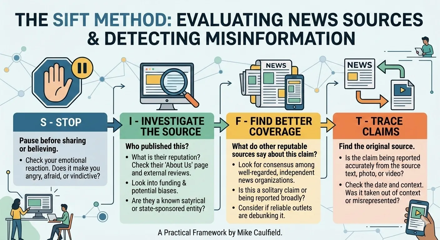 Diagram of the SIFT method for evaluating media: Stop, Investigate the source, Find better coverage, Trace claims
