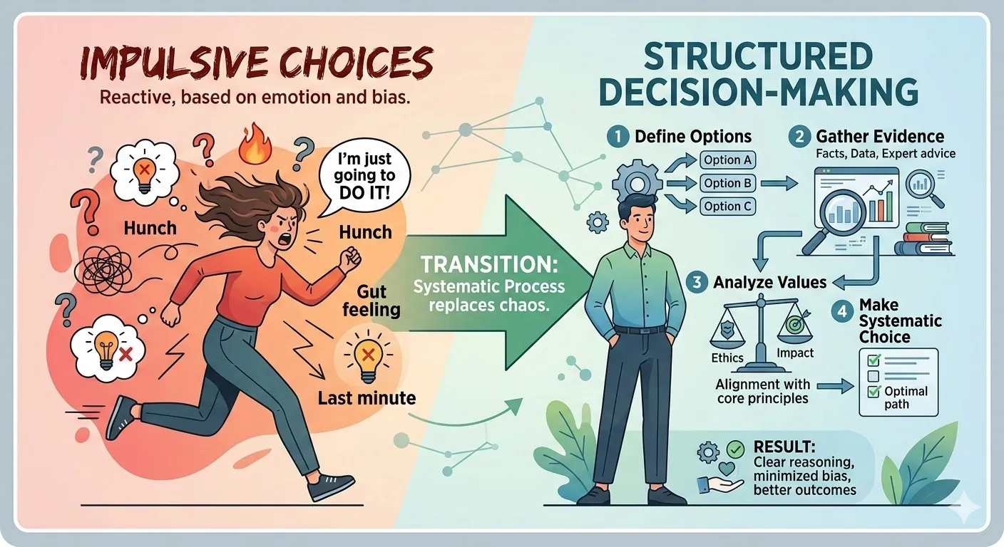 Step-by-step decision framework flowchart from defining the decision through gathering information to reviewing outcomes