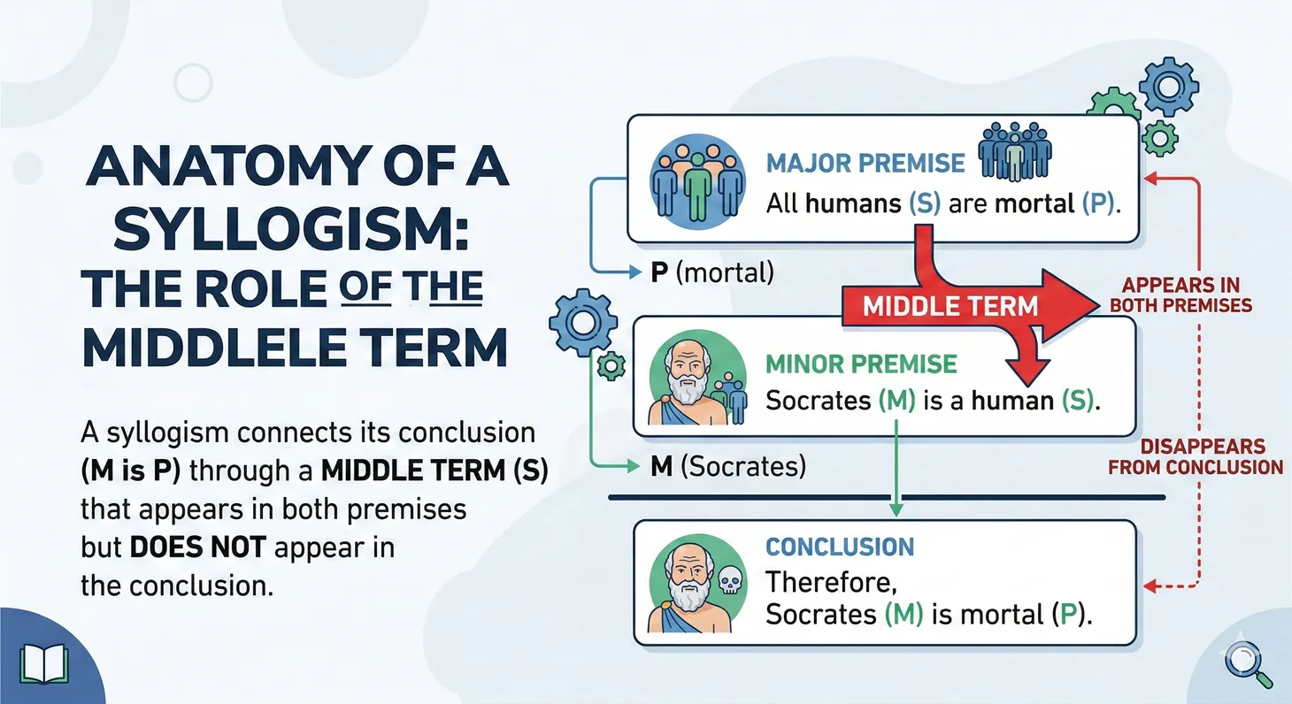 Diagram showing the three-term structure of a syllogism with major term, minor term, and middle term