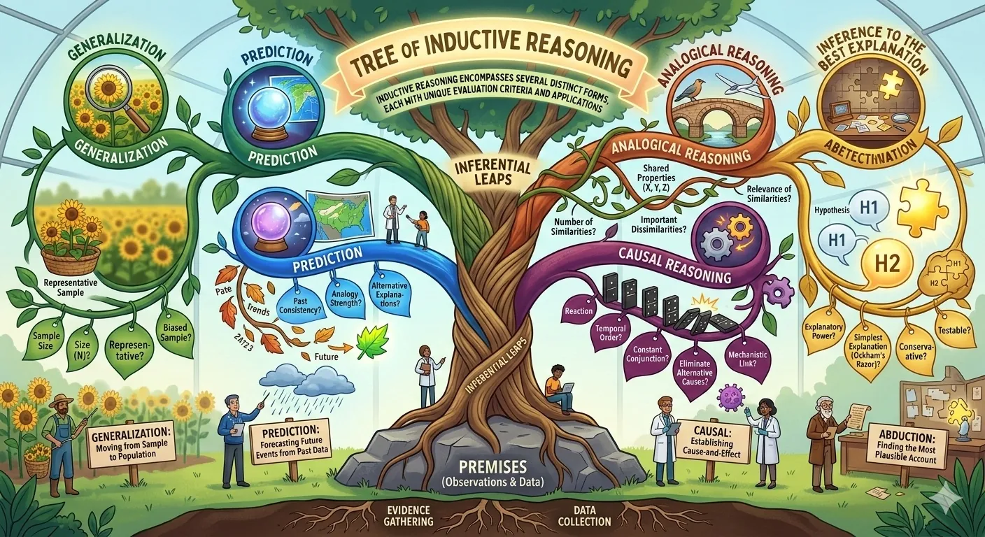 Classification diagram showing the main types of inductive reasoning including enumeration, statistical, analogical, and causal
