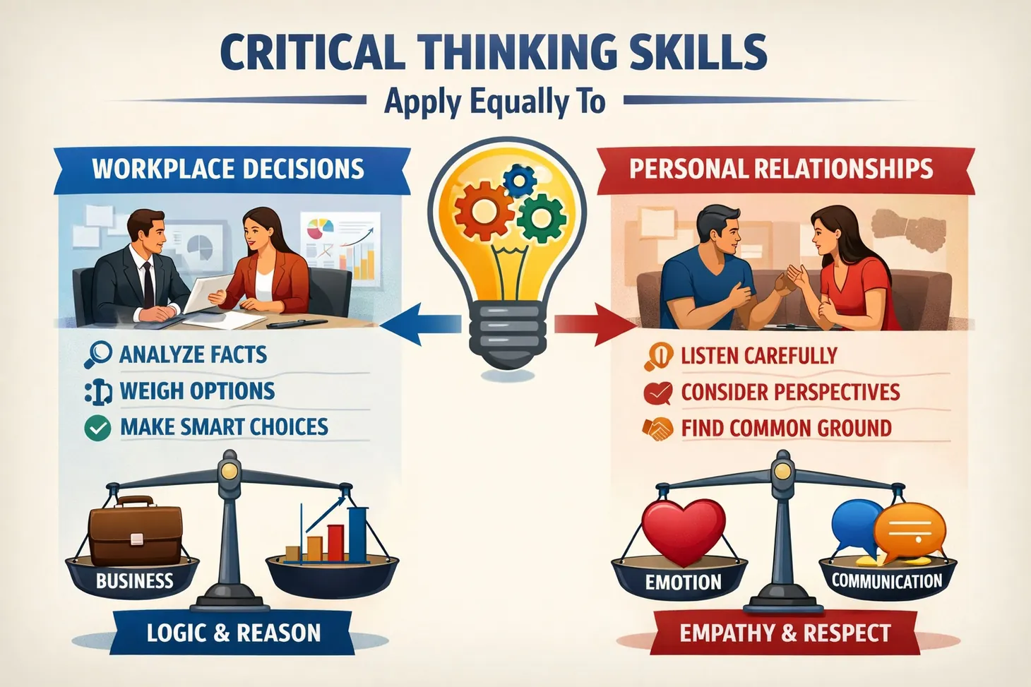 Toolkit diagram showing critical thinking tools for workplace reasoning and interpersonal communication