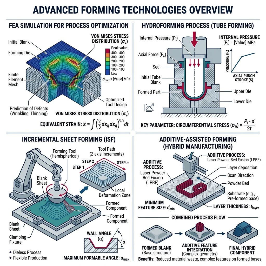 Overview of advanced forming technologies including FEA simulation, hydroforming, incremental sheet forming, and additive-assisted forming