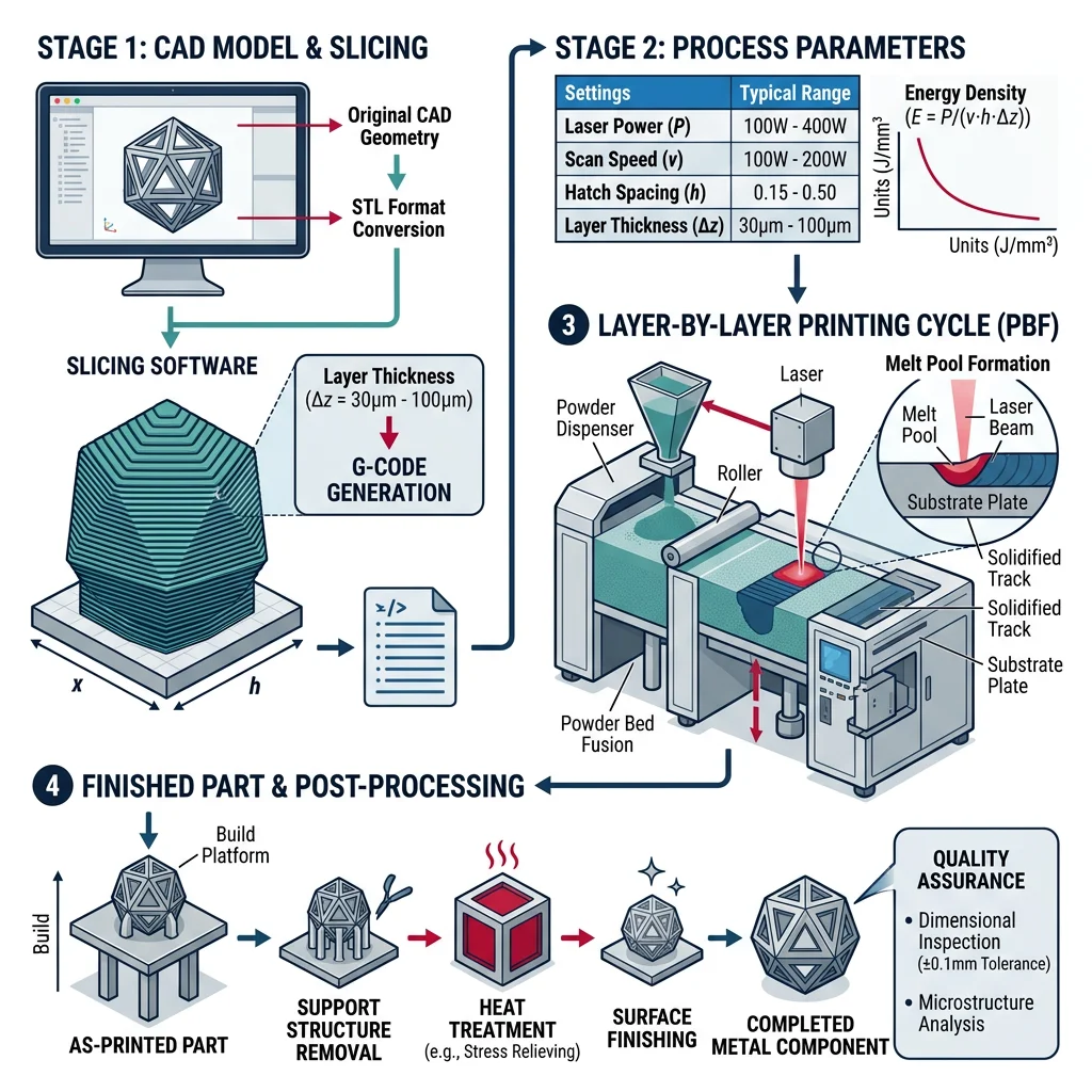 Diagram showing the layer-by-layer additive manufacturing process from CAD model slicing to finished 3D-printed metal part