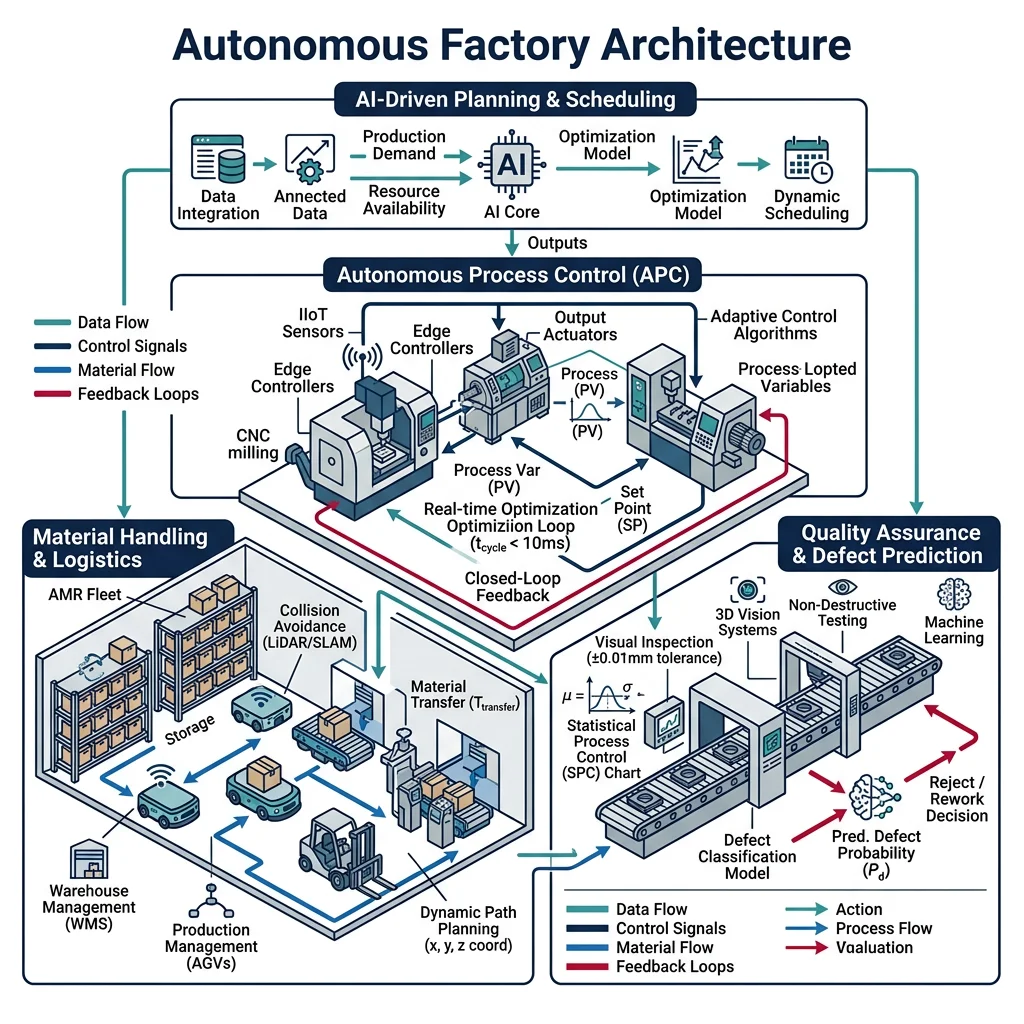 Autonomous factory architecture showing AI-driven planning, process control, quality assurance, and material handling