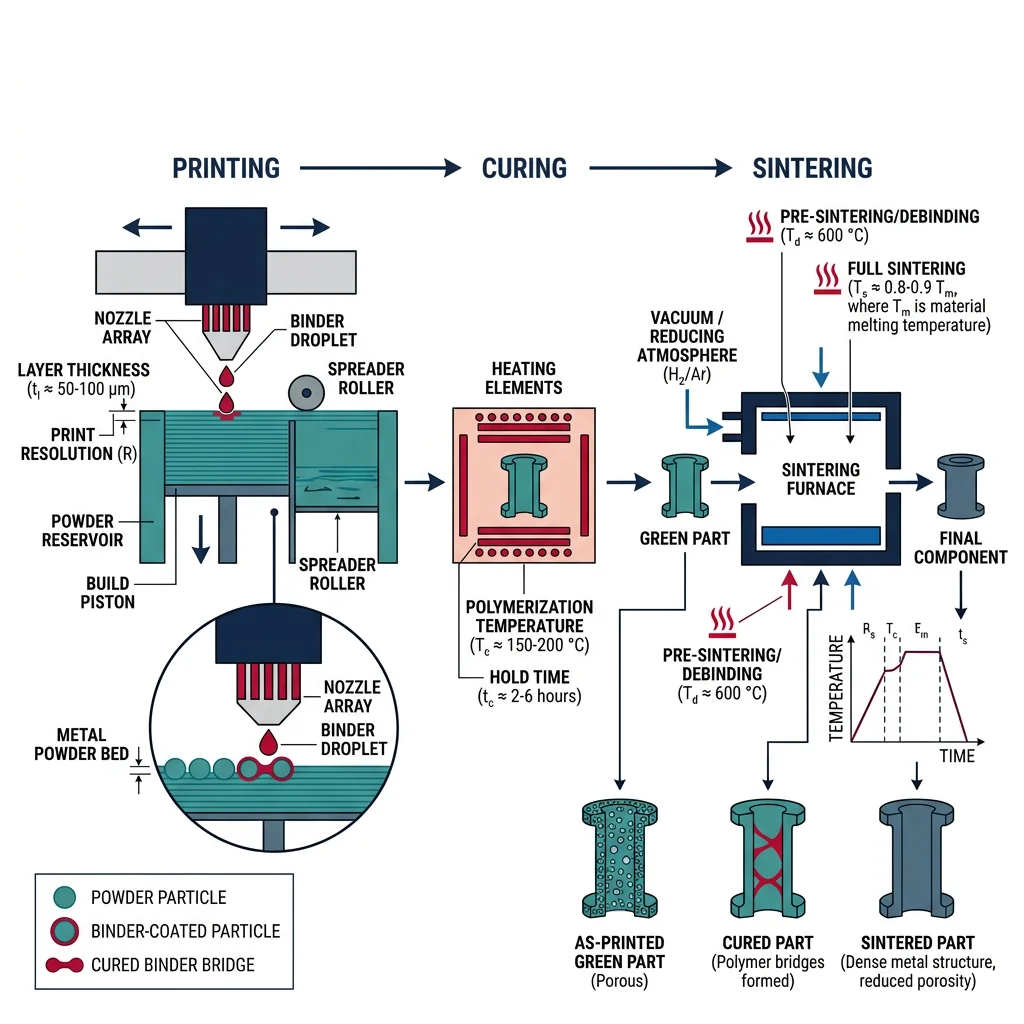 Schematic of the binder jetting process showing inkjet head depositing binder onto powder bed followed by curing and sintering steps