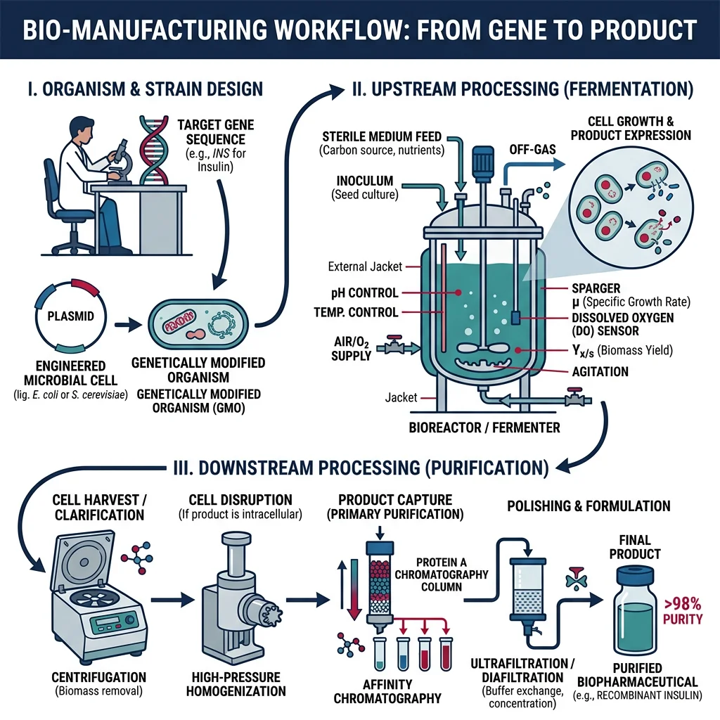 Bio-manufacturing workflow from organism design through bioreactor fermentation to product purification