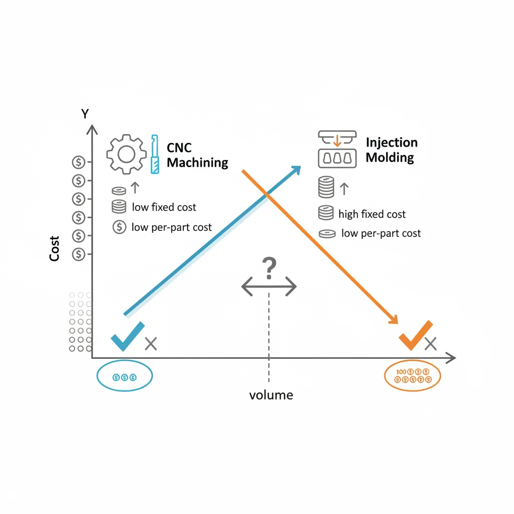 Break-even analysis graph comparing CNC machining and injection molding costs across production volumes