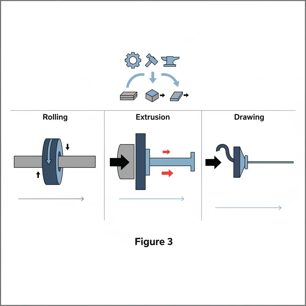 Diagram showing rolling, extrusion, and drawing bulk forming processes with material flow directions