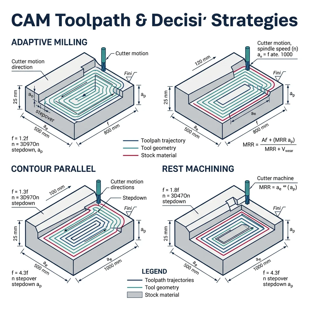CAM toolpath strategy comparison showing adaptive milling, contour parallel, and rest machining patterns