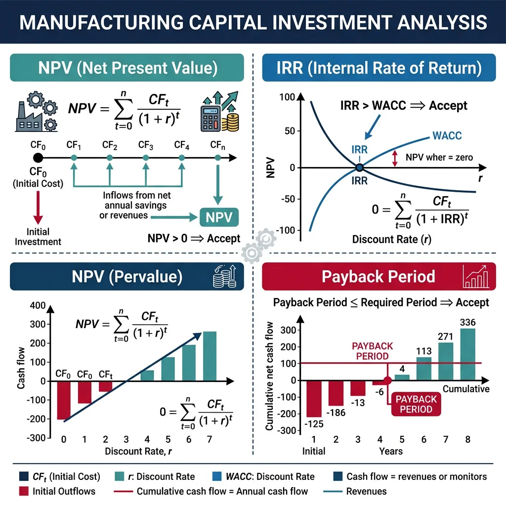 Diagram illustrating NPV, IRR, and payback period analysis for manufacturing capital investment decisions