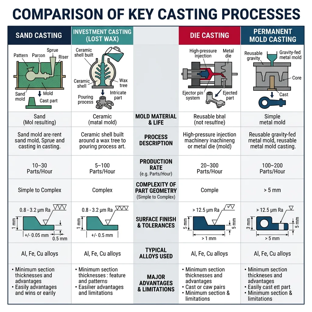 Comparison chart of casting processes including sand casting, investment casting, die casting, and permanent mold casting