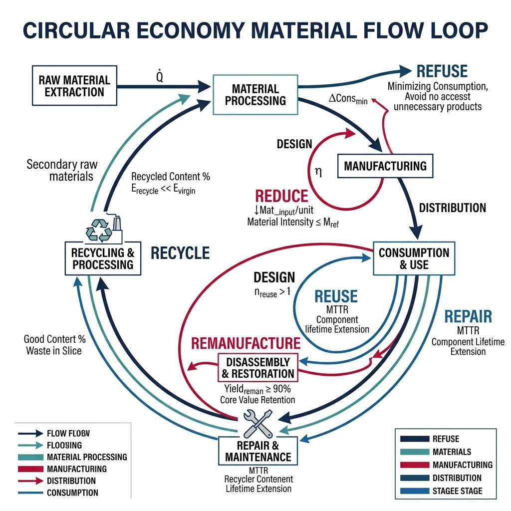 Circular economy material flow loop showing refuse, reduce, reuse, repair, remanufacture, and recycle stages