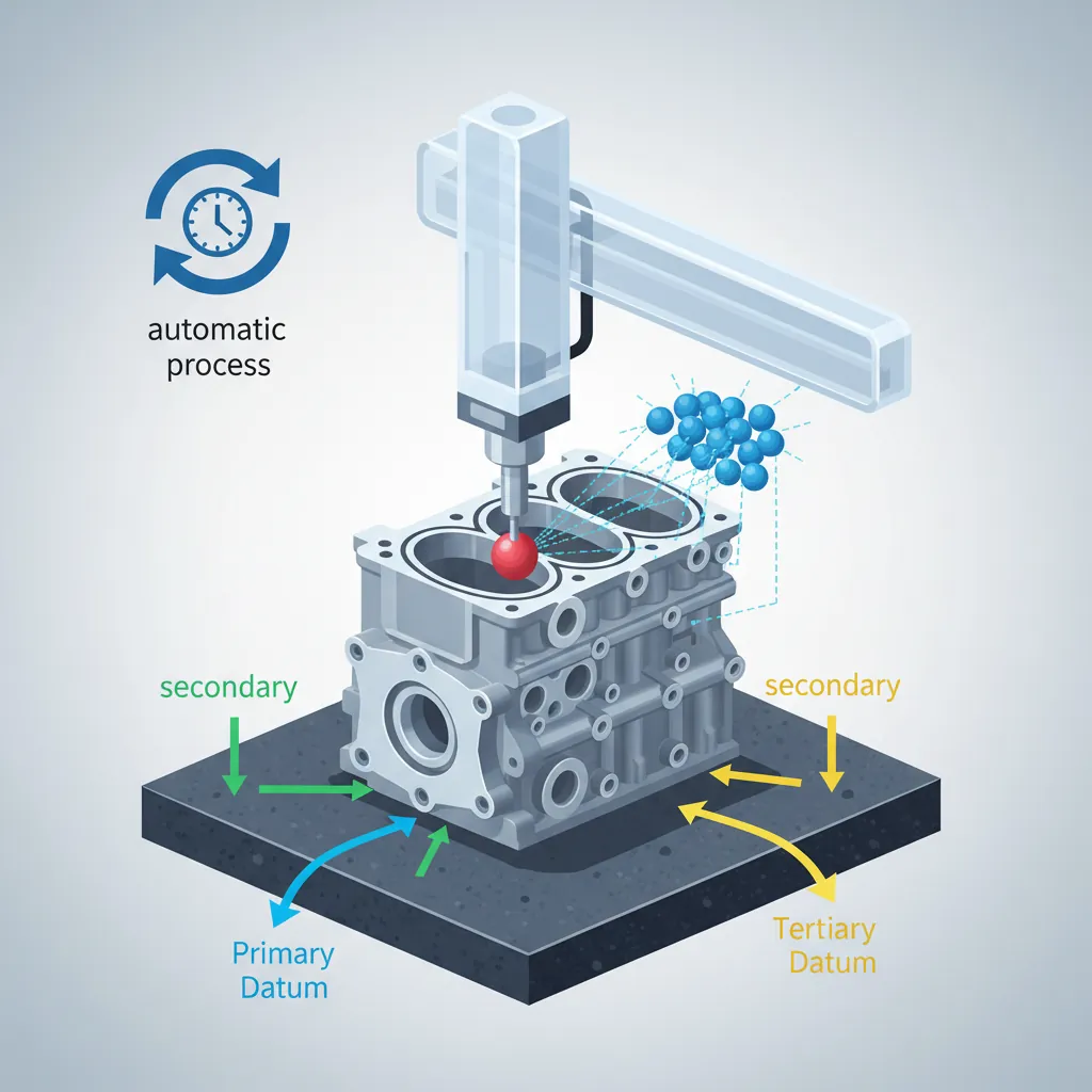 Coordinate measuring machine (CMM) with touch probe inspecting an engine block, showing the 3-2-1 datum alignment setup