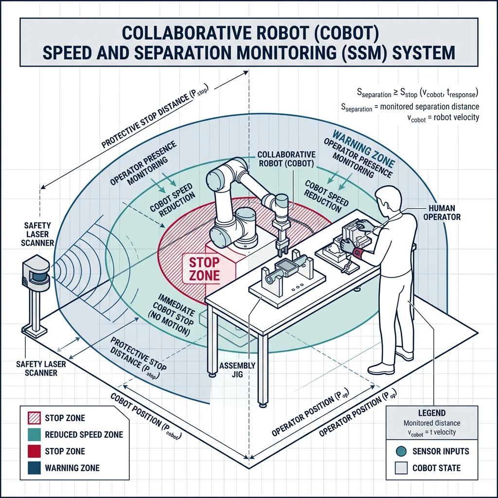 Collaborative robot working alongside a human operator at an assembly station, with safety zones illustrated showing the speed and separation monitoring regions