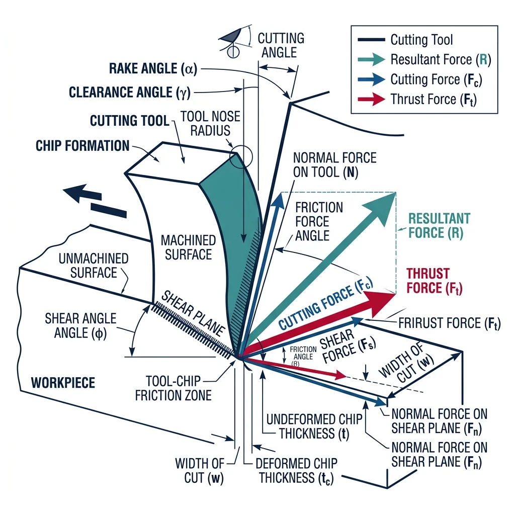 Orthogonal cutting model showing rake angle, shear plane, chip formation, and cutting forces