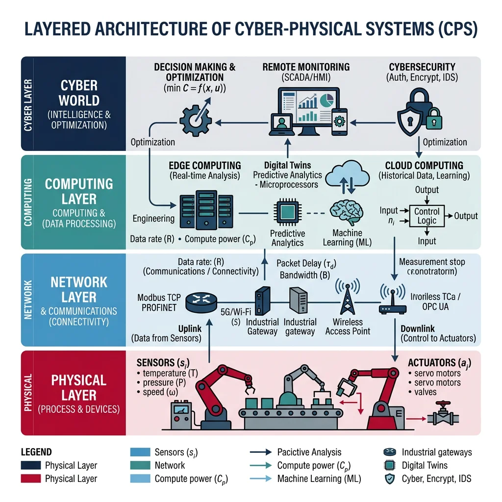 Diagram showing the layered architecture of cyber-physical systems with sensors, actuators, computing, and network layers