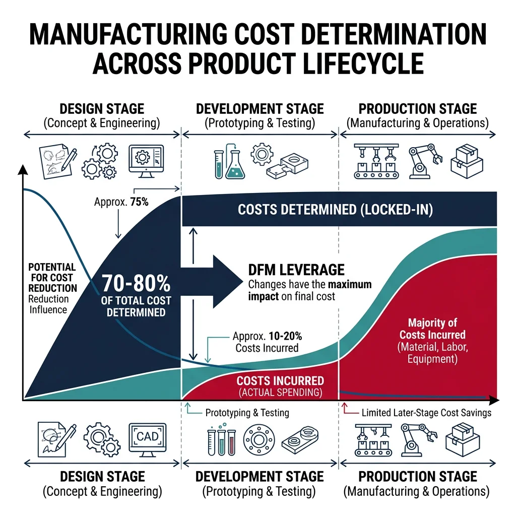 Chart showing how 70-80% of manufacturing cost is determined at the design stage, illustrating the DFM cost leverage