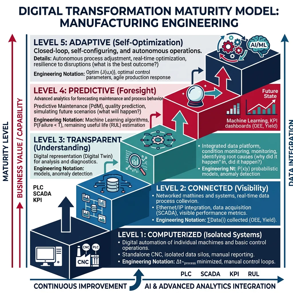 Five-level digital transformation maturity model from computerized to predictive and adaptive manufacturing