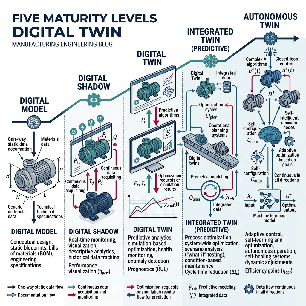 Diagram showing the five maturity levels of digital twins from digital model to autonomous twin