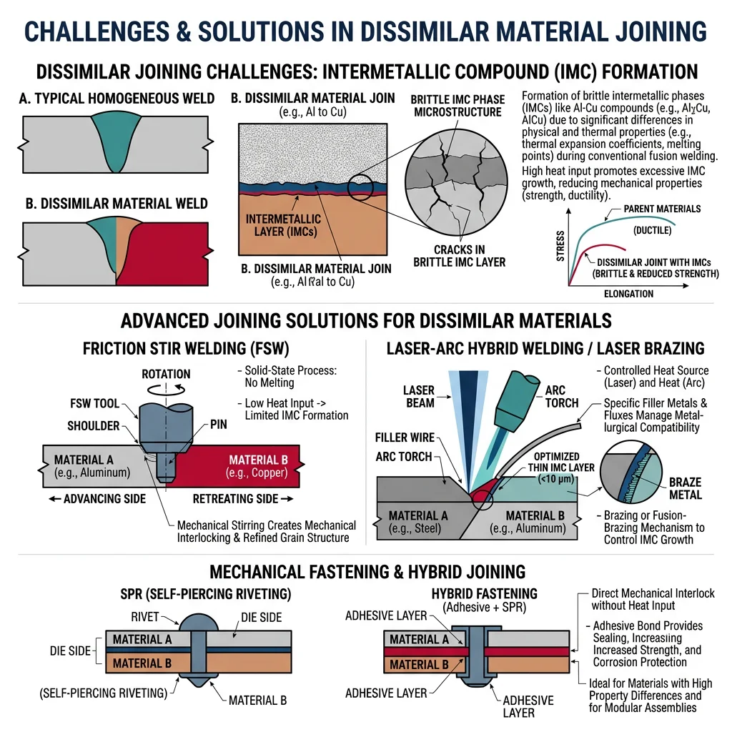 Dissimilar material joining challenges showing intermetallic formation and solutions including FSW, laser brazing, and mechanical fastening