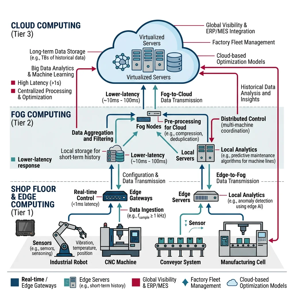 Illustration of edge, fog, and cloud computing tiers in a smart factory showing data flow from machines to cloud