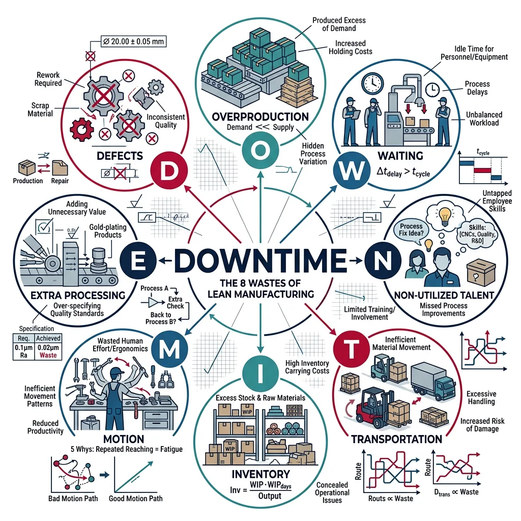 Diagram of the eight wastes of lean manufacturing arranged around the DOWNTIME acronym with icons for defects, overproduction, waiting, non-utilized talent, transportation, inventory, motion, and extra processing