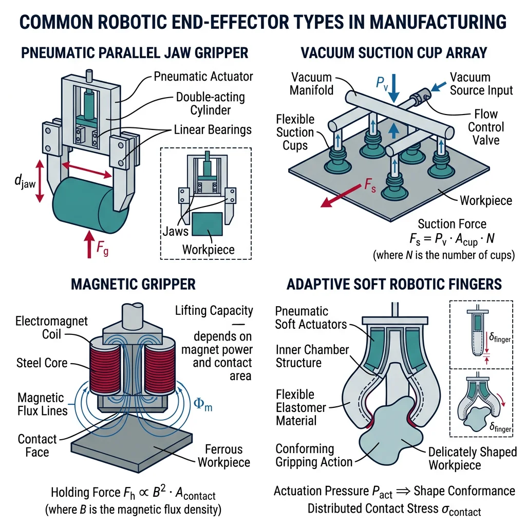 End-effector types showing pneumatic parallel jaw gripper, vacuum suction cup array, magnetic gripper, and adaptive soft robotic fingers