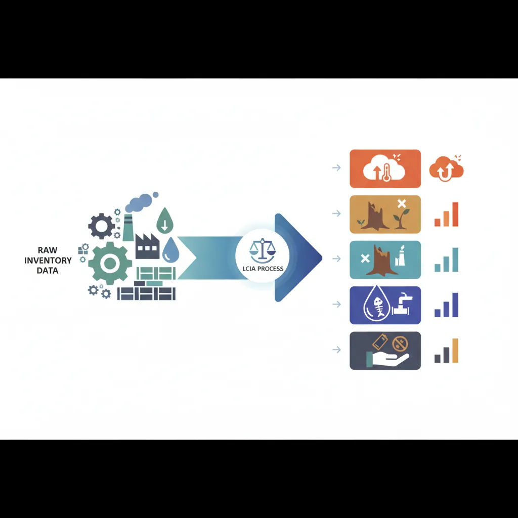 Overview of LCIA environmental impact categories including global warming potential, acidification, eutrophication, and ozone depletion
