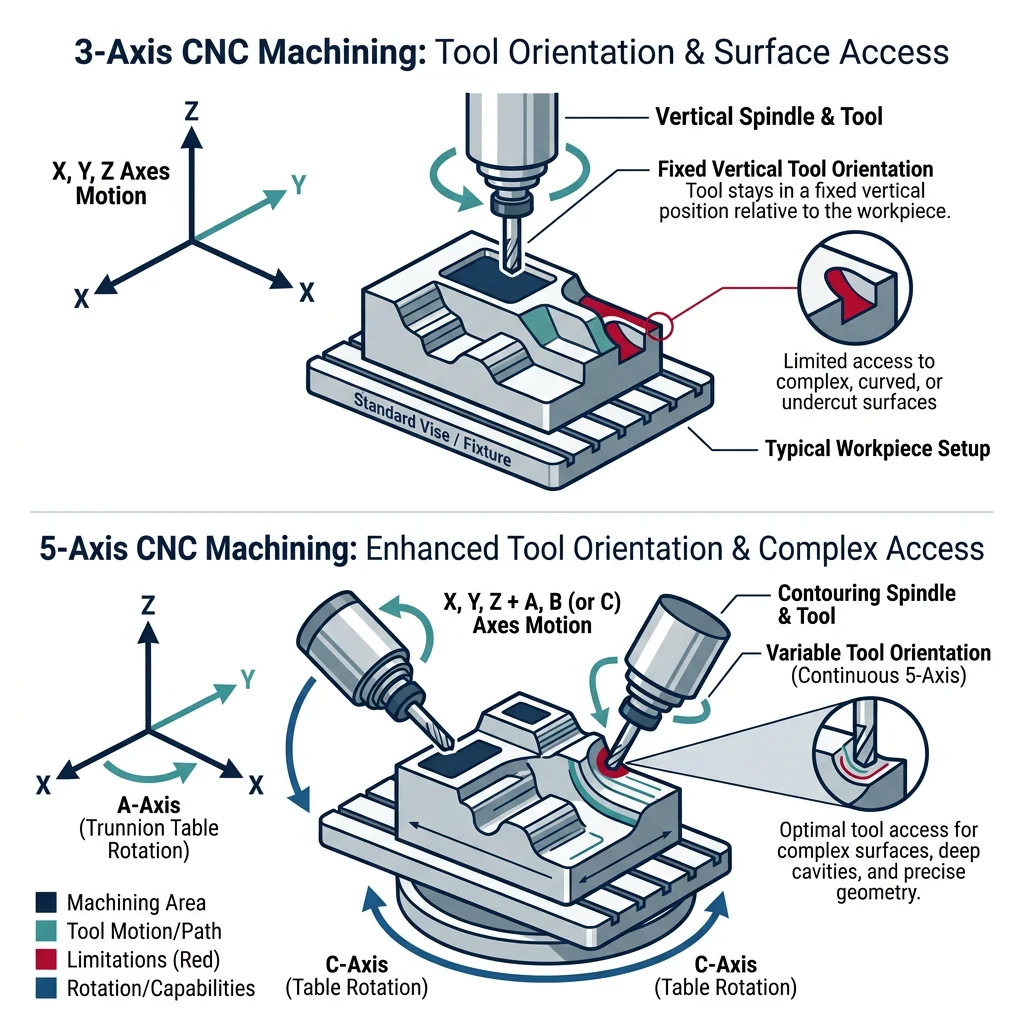 Comparison of 3-axis vs 5-axis CNC machining showing tool orientation capabilities and complex surface access