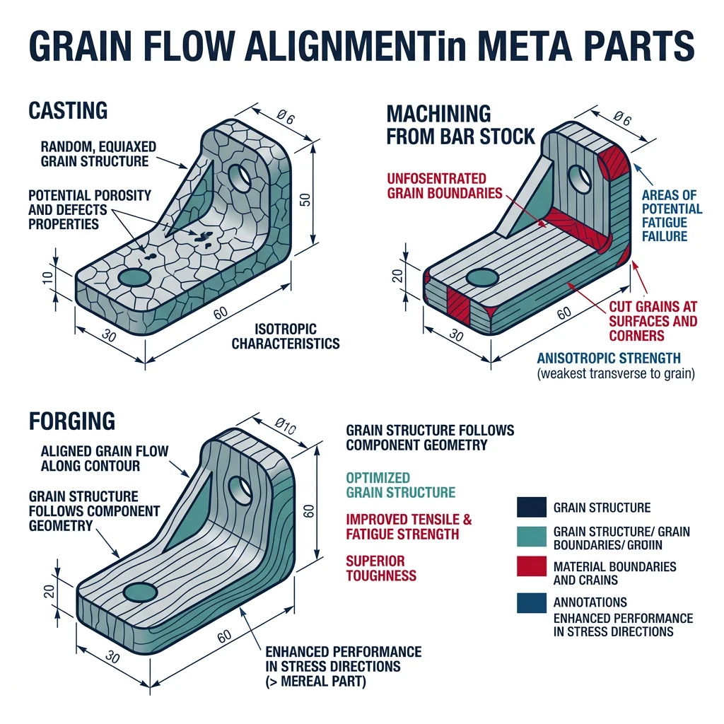 Illustration showing grain flow alignment in forged parts compared to cast and machined alternatives