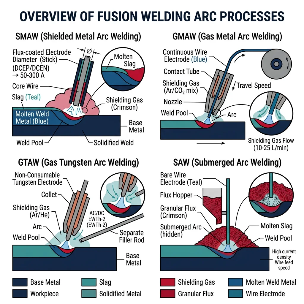 Overview of fusion welding arc processes including SMAW, GMAW, GTAW, and SAW with arc and shielding mechanisms