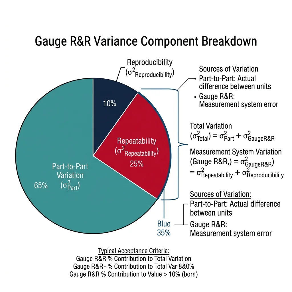 Gauge R&R variance component breakdown pie chart showing repeatability, reproducibility, and part-to-part variation