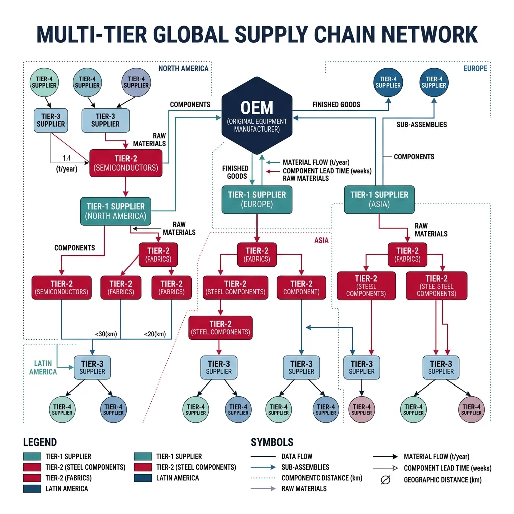 Multi-tier global supply chain network diagram showing OEM, tier-1 through tier-4 suppliers across regions