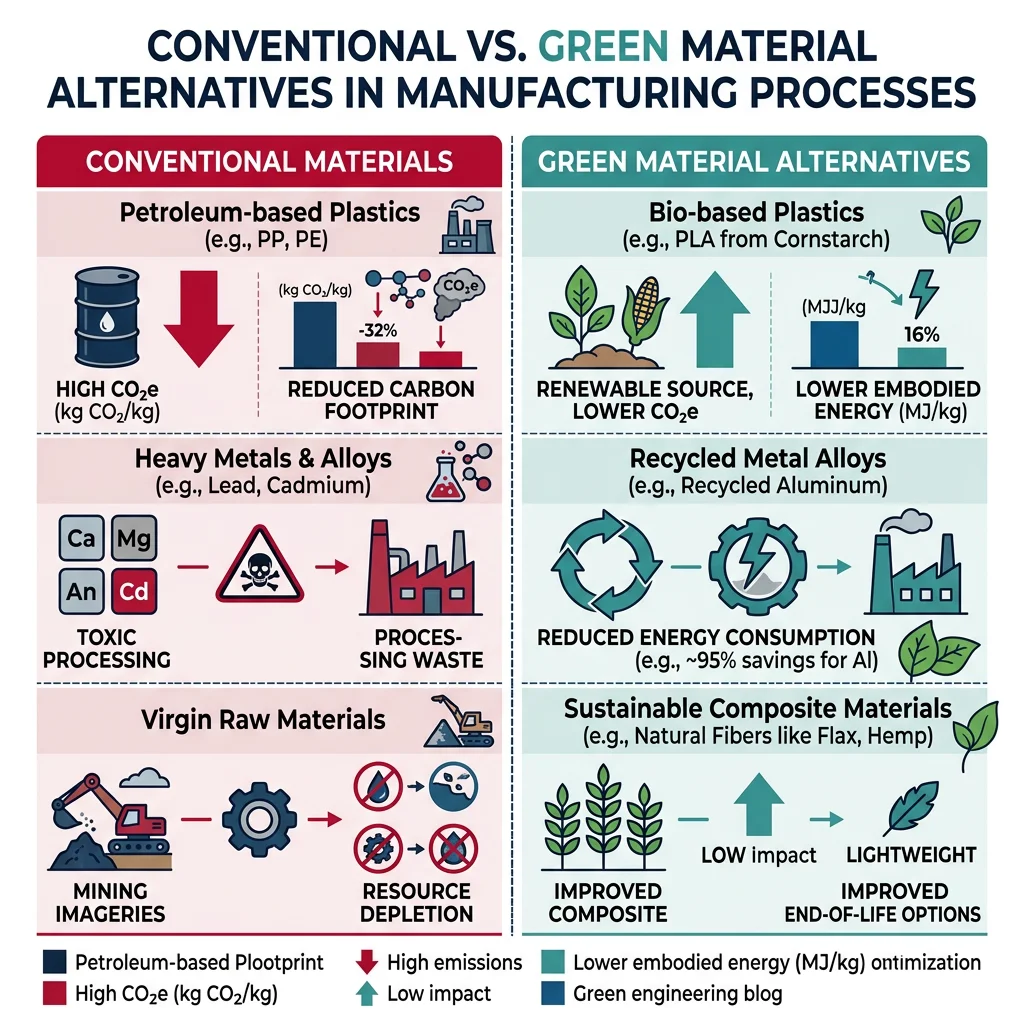 Comparison chart of conventional versus green material alternatives in manufacturing processes