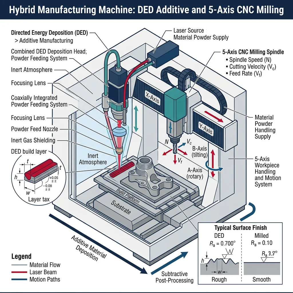 Hybrid manufacturing machine combining DED additive deposition head with 5-axis CNC milling in a single enclosed workspace
