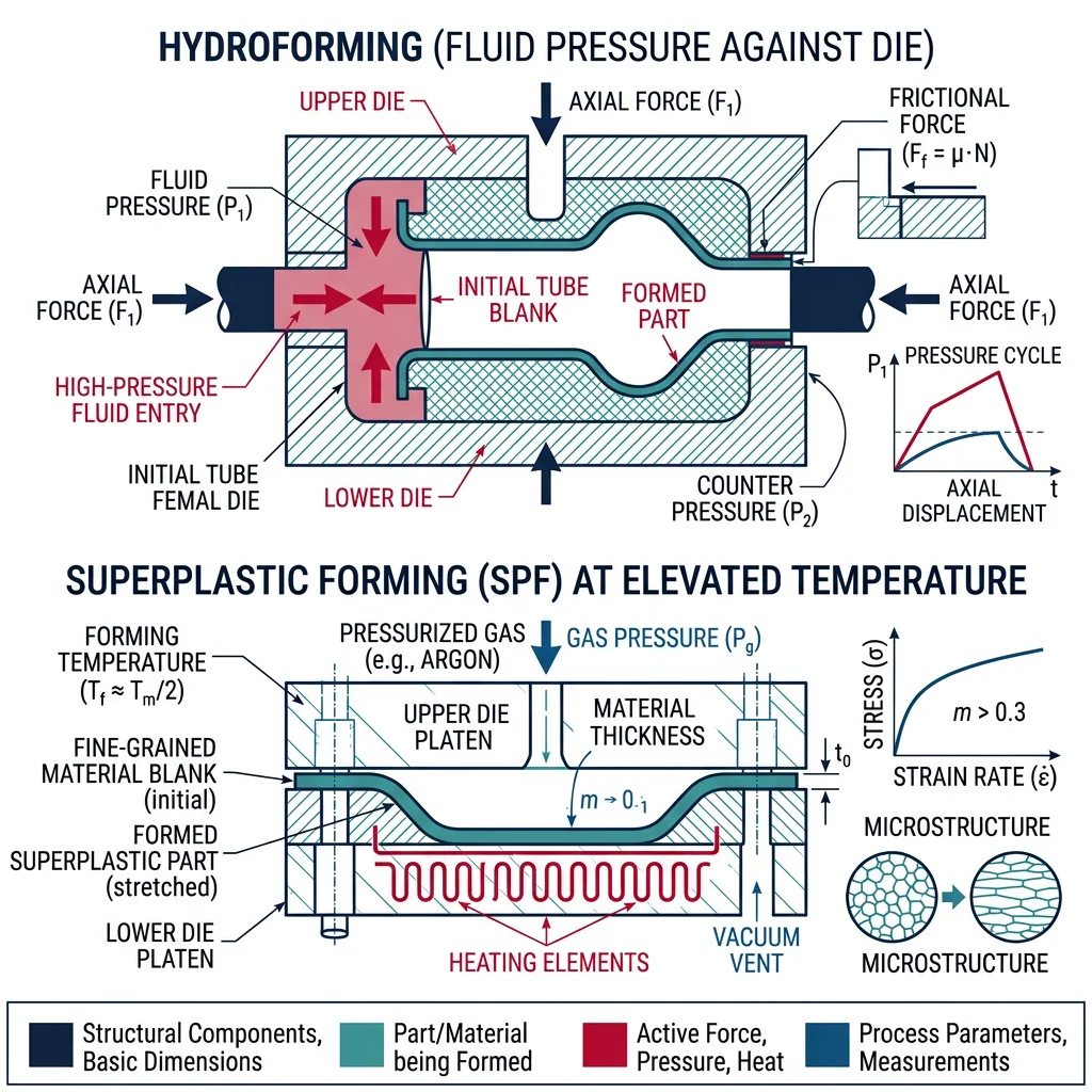 Cross-section diagrams of hydroforming with fluid pressure against die and superplastic forming at elevated temperature