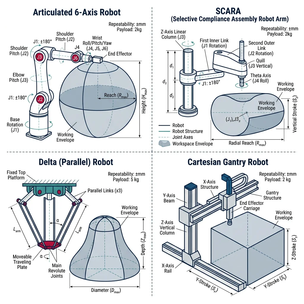 Comparison of industrial robot types showing articulated 6-axis, SCARA, delta parallel, and Cartesian gantry configurations with their workspace envelopes