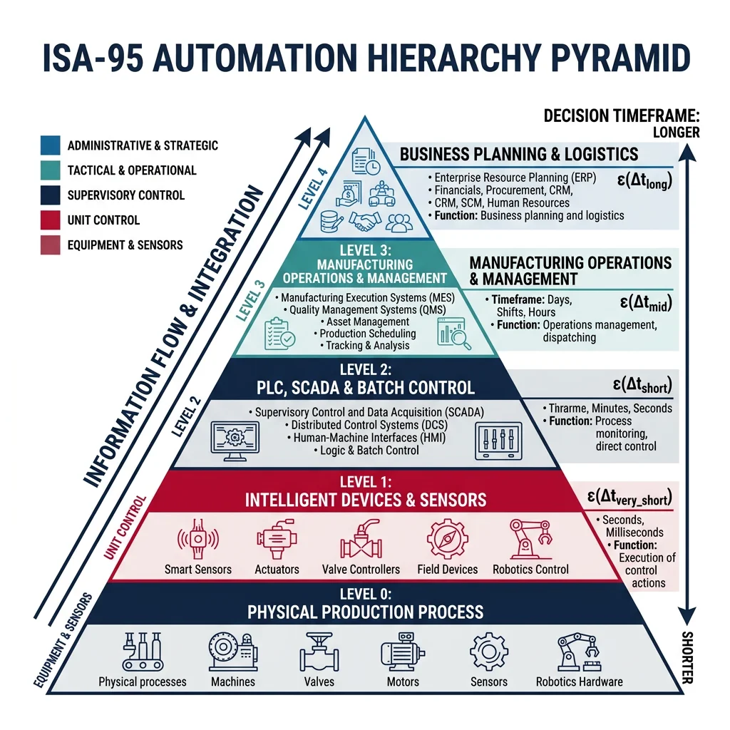 ISA-95 automation hierarchy pyramid showing levels from field devices to ERP systems